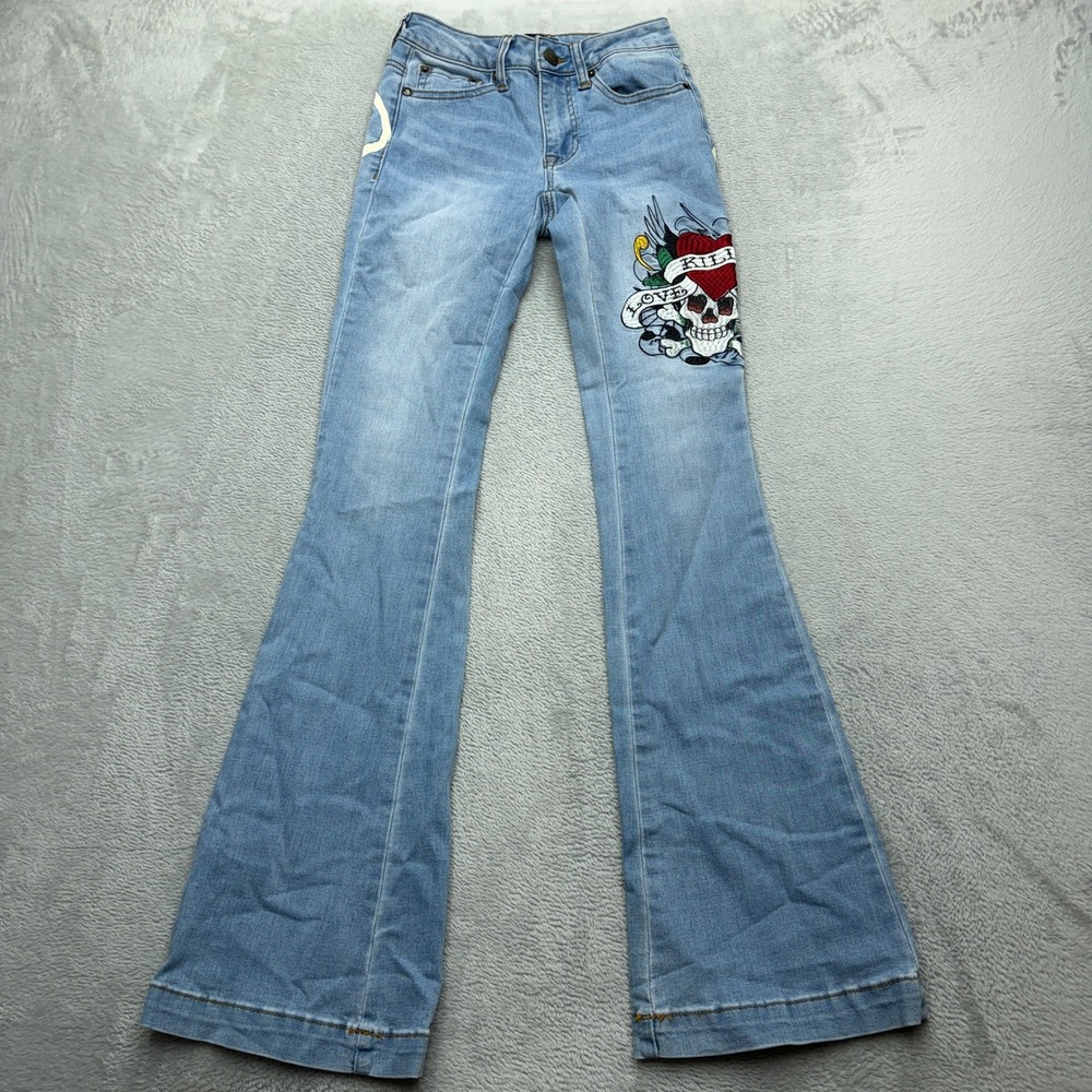 Ed Hardy Denim Jeans Womens 24 Flare Leg Light Wash Skull Heart Embroidery